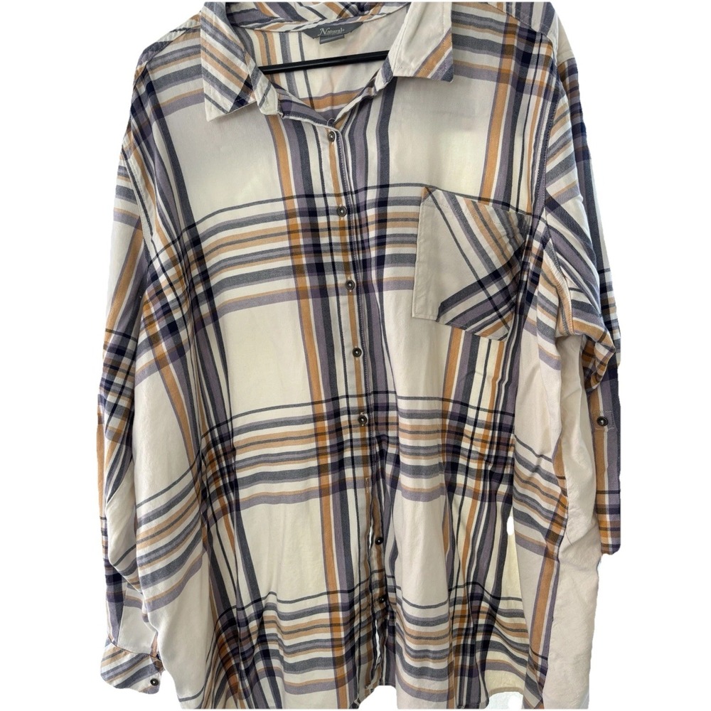 Natural Reflections Size 3XL Womens Top PLAID Embroidered Button Up Big Shirt
